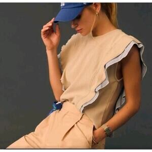 By Anthropologie Menswear Pop Over Tan Ribbed Layered ruffle Top size Small